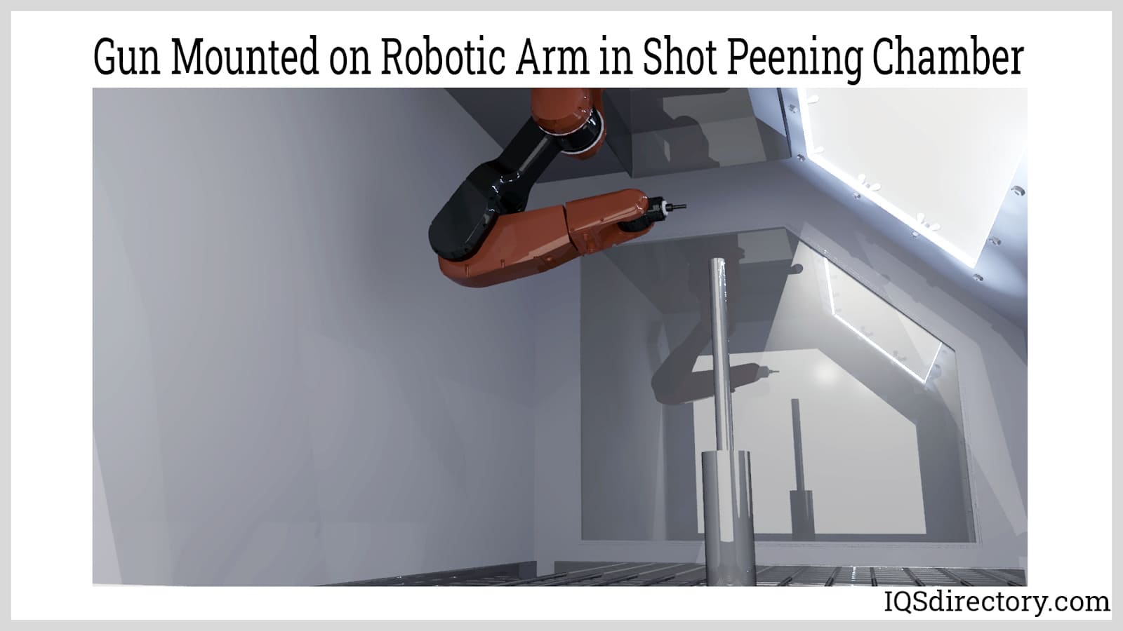 Gun Mounted on Robotic Arm in Shot Peening Chamber